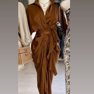 Satin Brown Button Up Dress